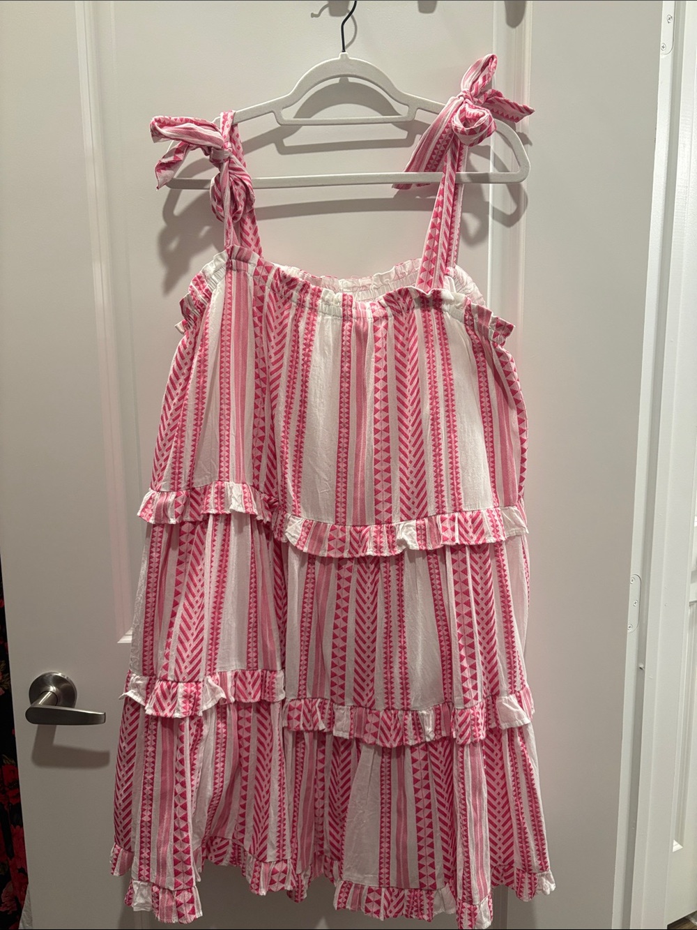 Crown & Ivy Pink Striped Ruffle Dress with Tie Straps